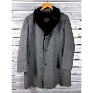 Vintage Botany 500 Mens Gray Blend Faux Fur Collar Overcoat Car Coat 44L MINT